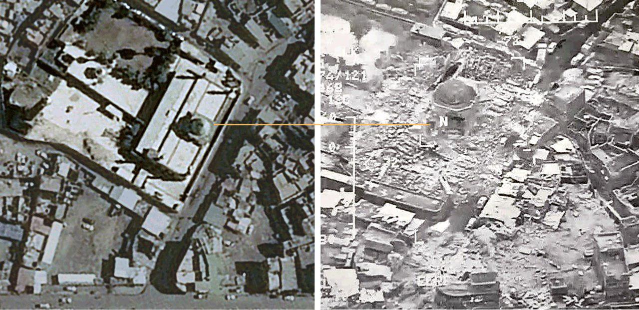 تصویر ماهواره ای مسجد النوری قبل و پس از انفجار توسط داعش