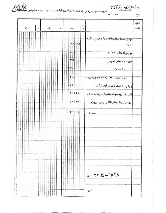 صورت هزینه سفر محمدرضا و فرح پهلوی به امریکا